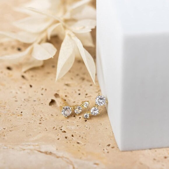 Gold Plated Cubic Zirconia Ear Crawler Earrings Mini Silver Faux Diamond - Picture 3 of 5